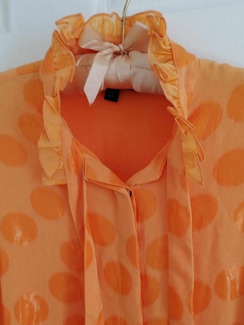SALONI Vibrant Orange Silk Sheer Blouse w/ bow. Elegant and geminine vibe.